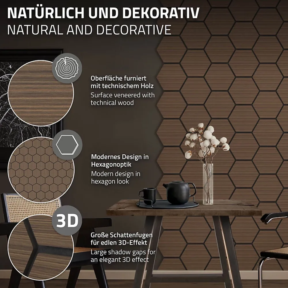 Ml-Design Panneau Tasseau Bois<Lot de 2 panneaux acoustiques hexagonaux 66x81 cm 1m² isolation phonique marron