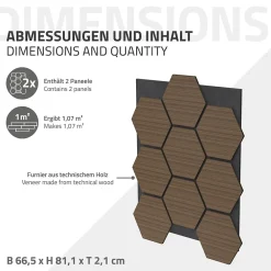 Ml-Design Panneau Tasseau Bois<Lot de 2 panneaux acoustiques hexagonaux 66x81 cm 1m² isolation phonique marron