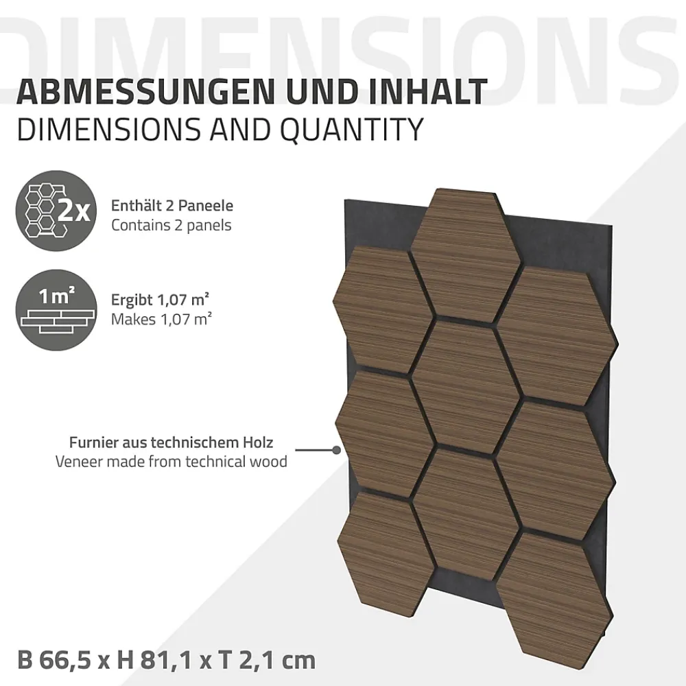 Ml-Design Panneau Tasseau Bois<Lot de 2 panneaux acoustiques hexagonaux 66x81 cm 1m² isolation phonique marron