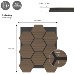 Ml-Design Panneau Tasseau Bois<Lot de 2 panneaux acoustiques hexagonaux 66x81 cm 1m² isolation phonique marron