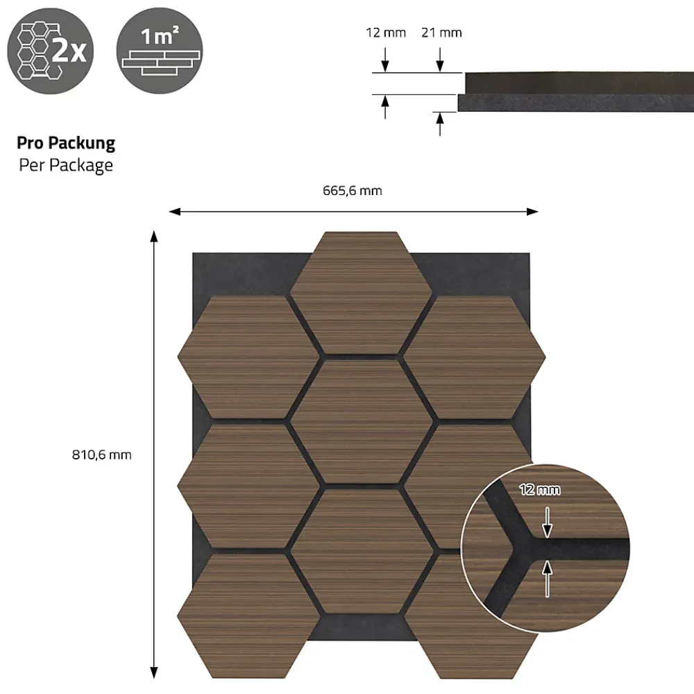 Ml-Design Panneau Tasseau Bois<Lot de 2 panneaux acoustiques hexagonaux 66x81 cm 1m² isolation phonique marron