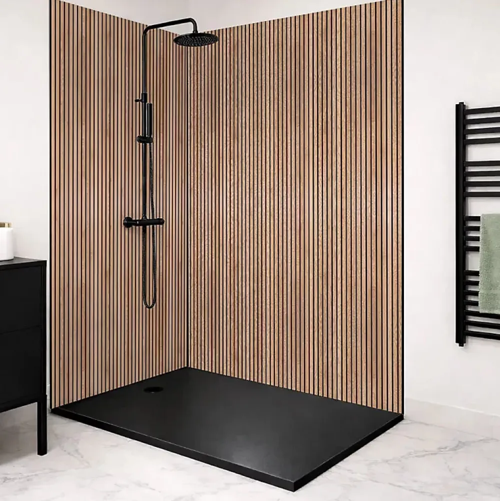 99Deco Panneau Mural De Salle De Bains<Lot de 2 panneaux de douche en PVC (90x220 & 120x220 cm) + profilés noir - effet bois - Japandi - Marron et noir
