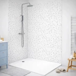 99Deco Lot de 2 panneaux de douche en aluminium (90x220 & 120x220 cm) + profilés blanc - Terrazzo Mineral - Multicolore- Panneau Mural De Salle De Bains