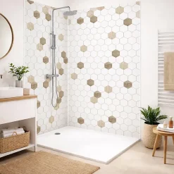 99Deco Lot de 2 panneaux de douche en aluminium (90x220 & 120x220 cm) + profilés blanc - Hexa Bois - Marron- Panneau Mural De Salle De Bains