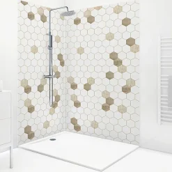 99Deco Lot de 2 panneaux de douche en aluminium (90x220 & 120x220 cm) + profilés blanc - Hexa Bois - Marron- Panneau Mural De Salle De Bains