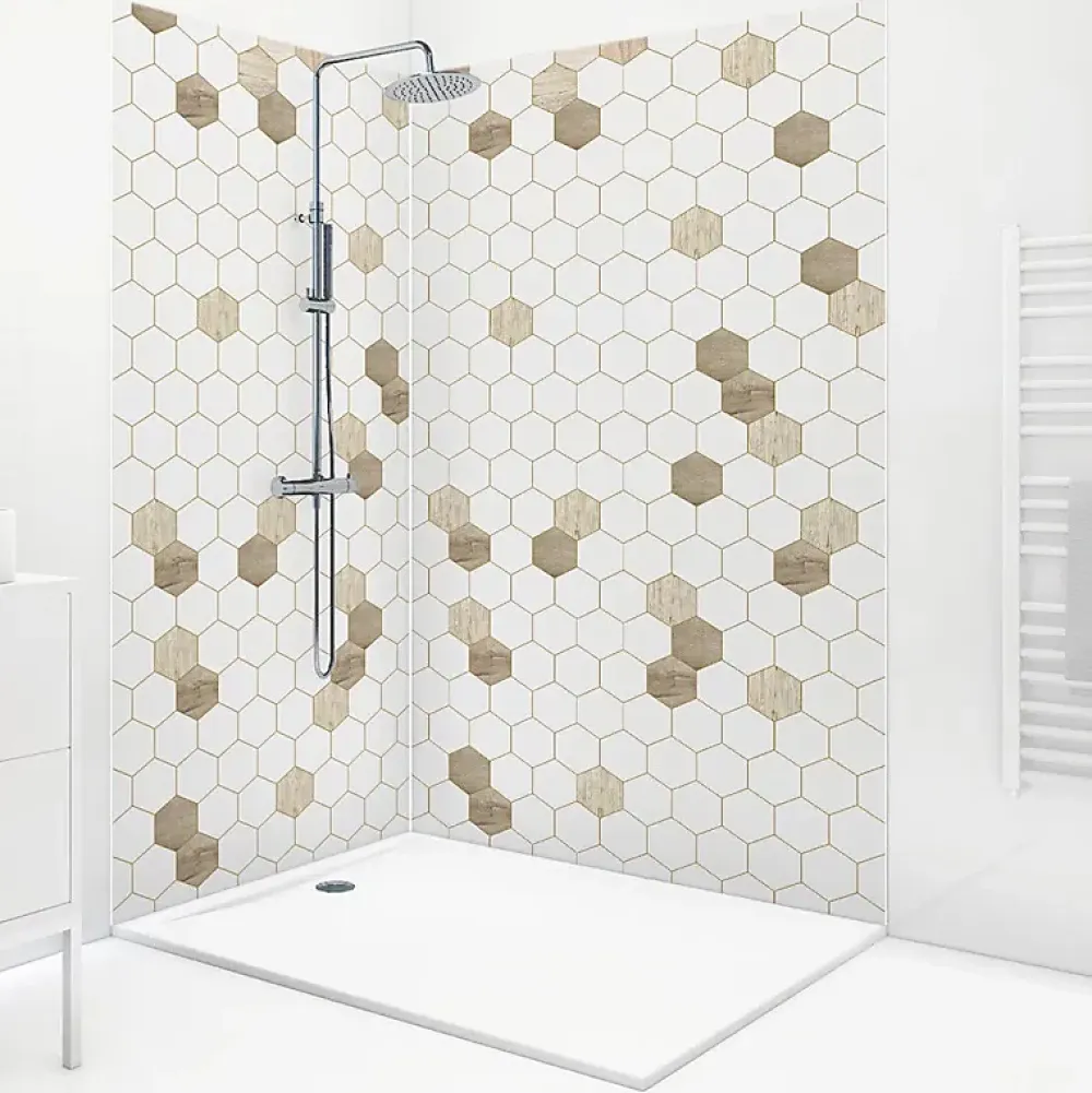 99Deco Lot de 2 panneaux de douche en aluminium (90x220 & 120x220 cm) + profilés blanc - Hexa Bois - Marron- Panneau Mural De Salle De Bains