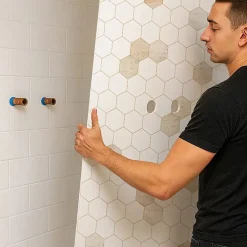 99Deco Panneau Mural De Salle De Bains<Lot de 2 panneaux de douche en PVC (90x220 & 120x220 cm) + profilés blanc - Hexa Travertin - Gris
