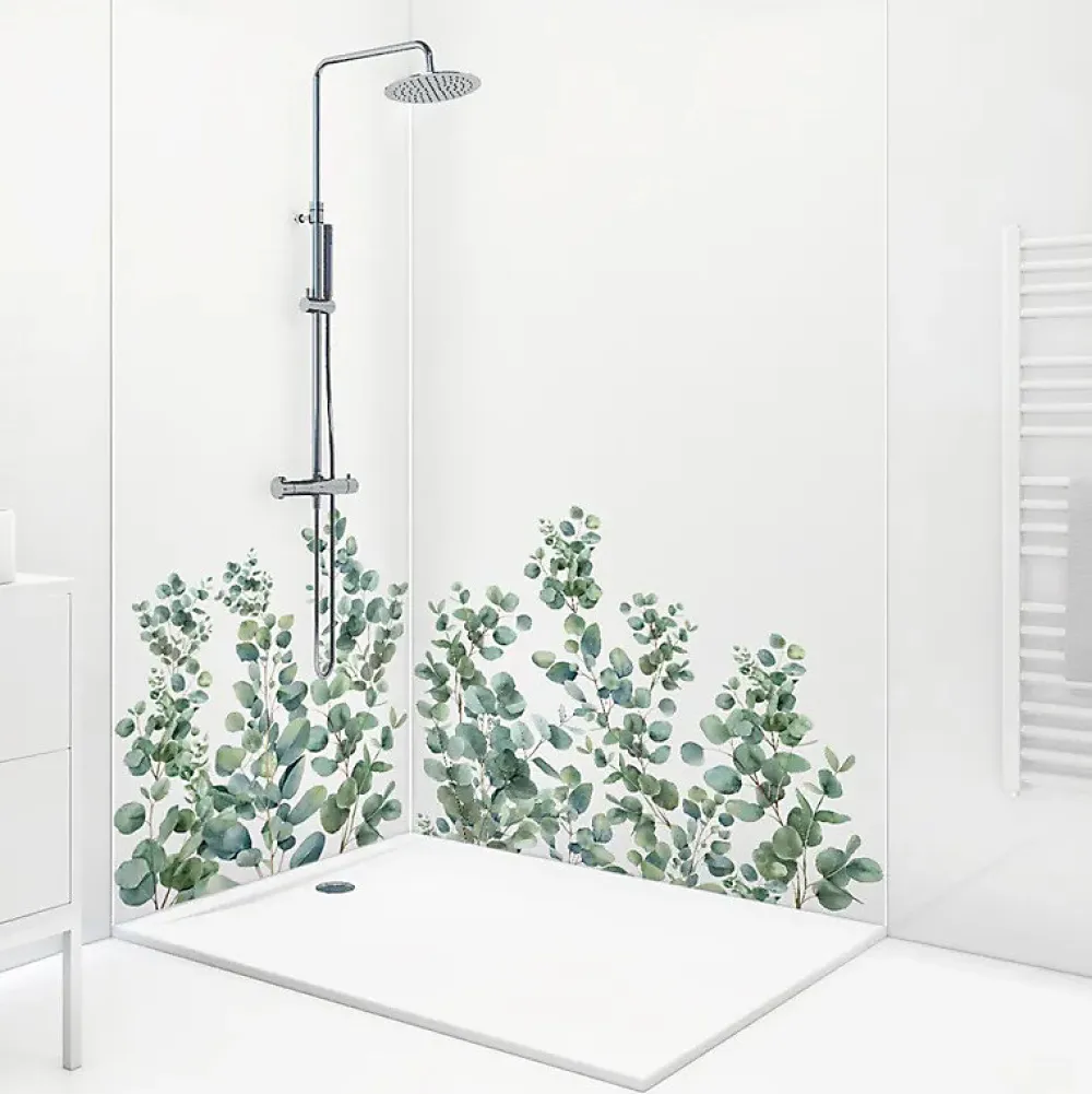 99Deco Lot de 2 panneaux de douche en aluminium (90x220 & 120x220 cm) + profilés blanc - Eucalyptus in Rain - Multicolore- Panneau Mural De Salle De Bains