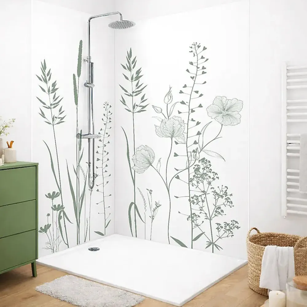 99Deco Lot de 2 panneaux de douche en PVC (90x220 & 120x220 cm) + profilés blanc - Vegetalist - Vert- Panneau Mural De Salle De Bains