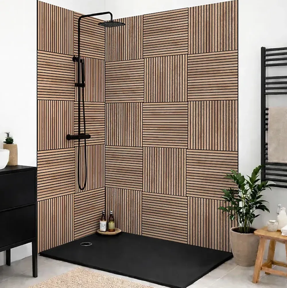 99Deco Panneau Mural De Salle De Bains<Lot de 2 panneaux de douche en aluminium (90x220 & 120x220 cm) + profilés noir - Wabi Sabi - Marron et nor