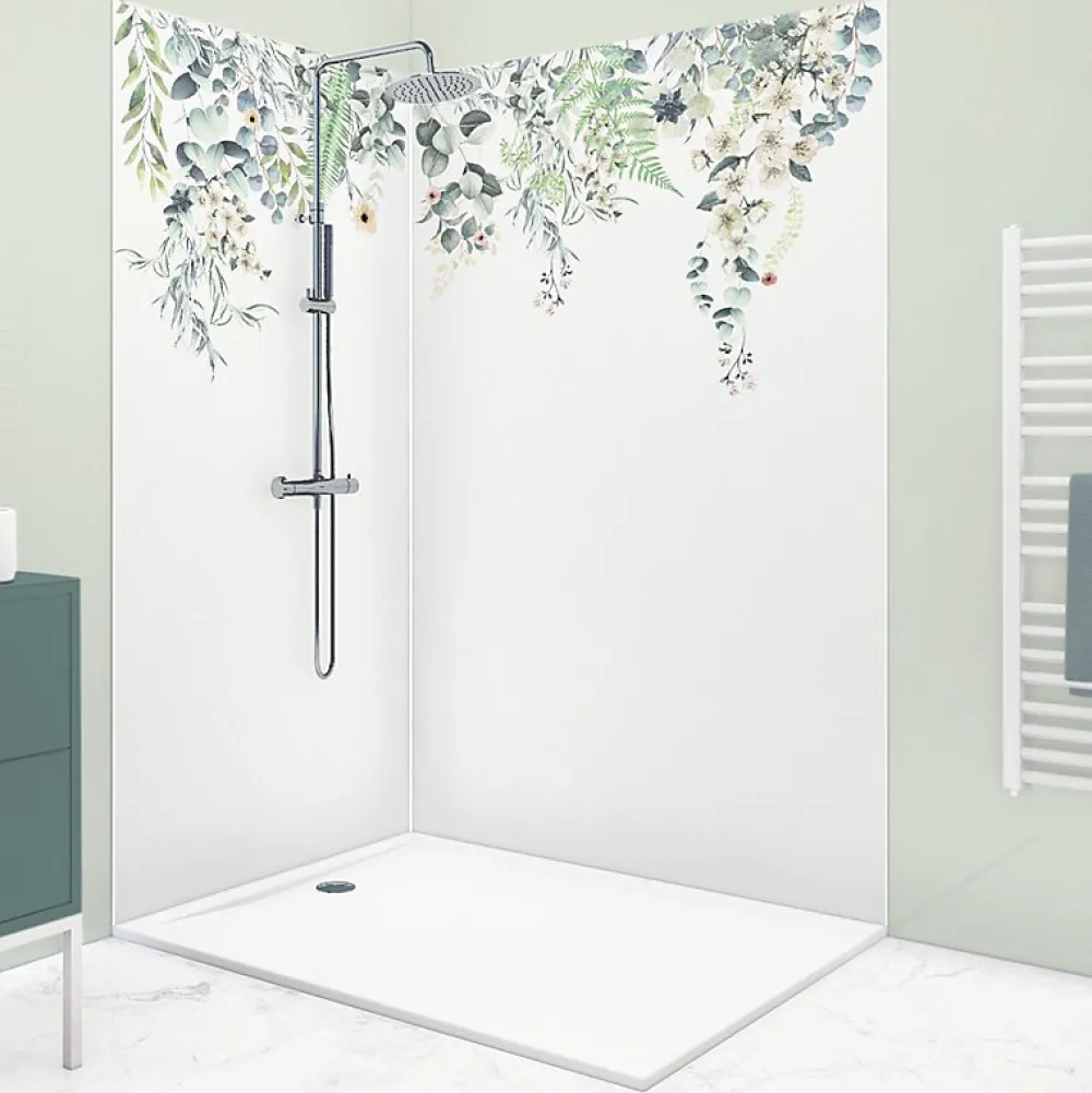 99Deco Lot de 2 panneaux de douche en PVC (90x220 & 120x220 cm) + profilés blanc - Flowers in Rain - Multicolore- Panneau Mural De Salle De Bains