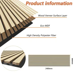 AICA Sanitaire Lot de 2 Panneaux Muraux Décoratifs Acoustiques Bois MDF 240x60cm chêne naturel AntiBruit, Facile à Poser- Panneau Décoratif En Bois