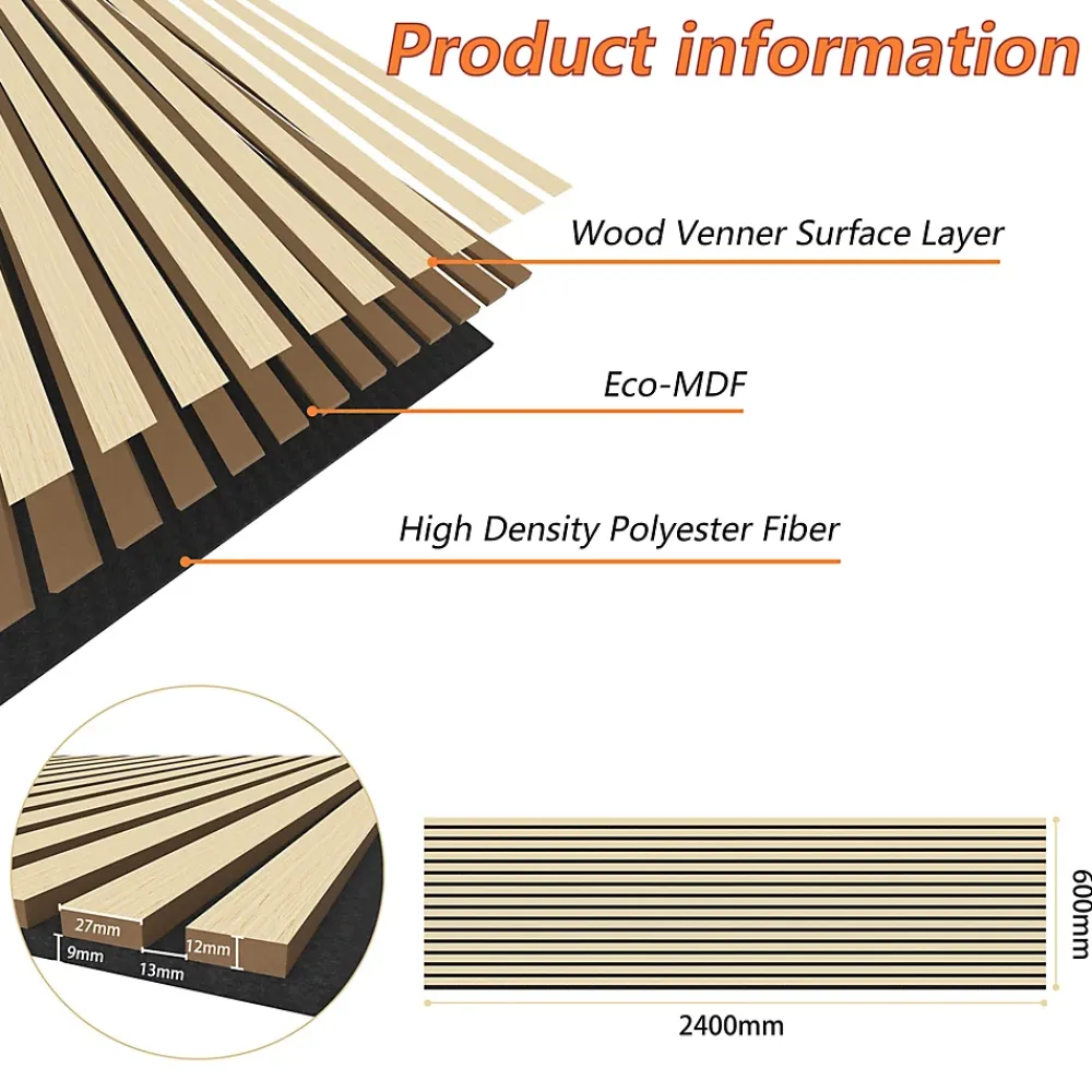AICA Sanitaire Lot de 2 Panneaux Muraux Décoratifs Acoustiques Bois MDF 240x60cm chêne naturel AntiBruit, Facile à Poser- Panneau Décoratif En Bois