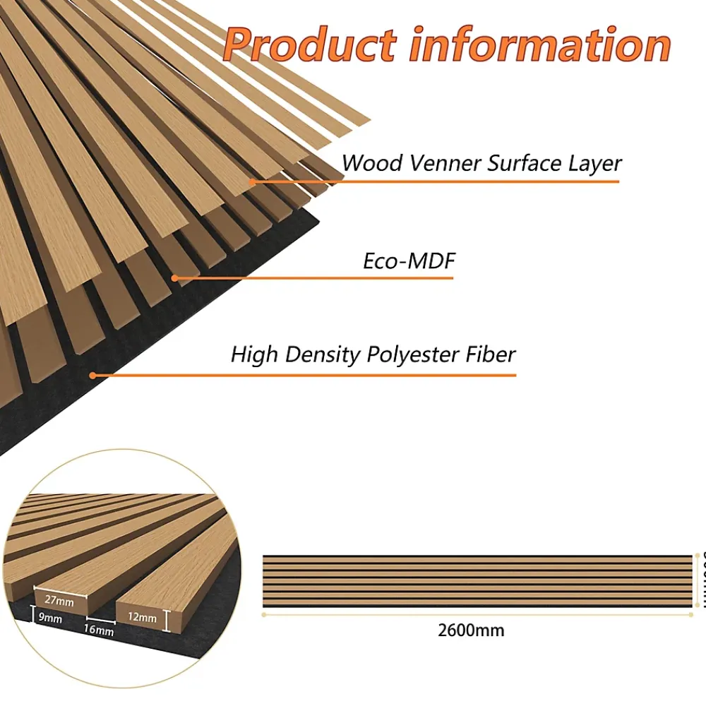 AICA Sanitaire Panneau Décoratif En Bois<Lot de 2 Panneaux Muraux Décoratifs Acoustiques Bois MDF 260x30cm Chêne foncé AntiBruit, Facile à Poser