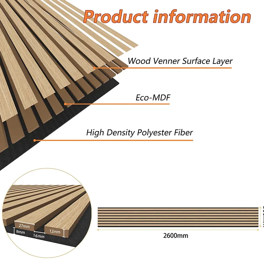 AICA Sanitaire Panneau Décoratif En Bois<Lot de 3 Panneaux Muraux Décoratifs Acoustiques Bois MDF 260x30cm Chêne clair AntiBruit, Facile à Poser