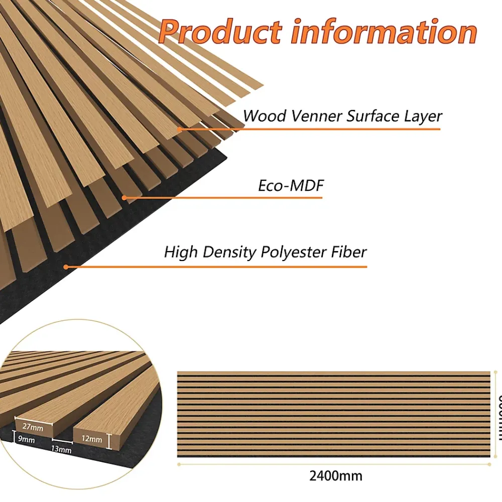 AICA Sanitaire Lot de 2 Panneaux Muraux Décoratifs Acoustiques Bois MDF 240x60cm Chêne foncé AntiBruit, Facile à Poser- Panneau Décoratif En Bois