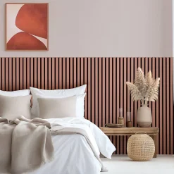 Decoon Panneau Tasseau Bois<Lot de 7 Panneaux muraux tasseaux bois 120 x 30 x 1,9 cm - Pack tête de lit - Lamelles terracotta / feutrine noir - 2,52m²