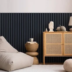 Decoon Panneau Tasseau Bois<Lot de 7 Panneaux muraux tasseaux bois 120 x 30 x 1,9 cm - Pack tête de lit - Lamelles bleu nuit / feutrine noir - 2,52m²