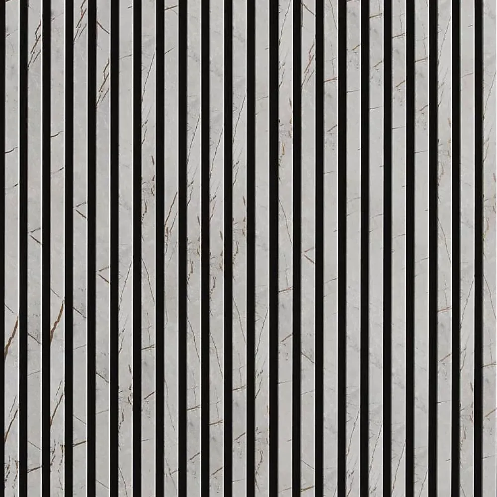 Decoon Panneau Tasseau Bois<Lot de 7 Panneaux muraux tasseaux bois 120 x 30 x 1,9 cm - Tête de lit - Lamelles décor marbre gris / feutrine noir - 2,52m²