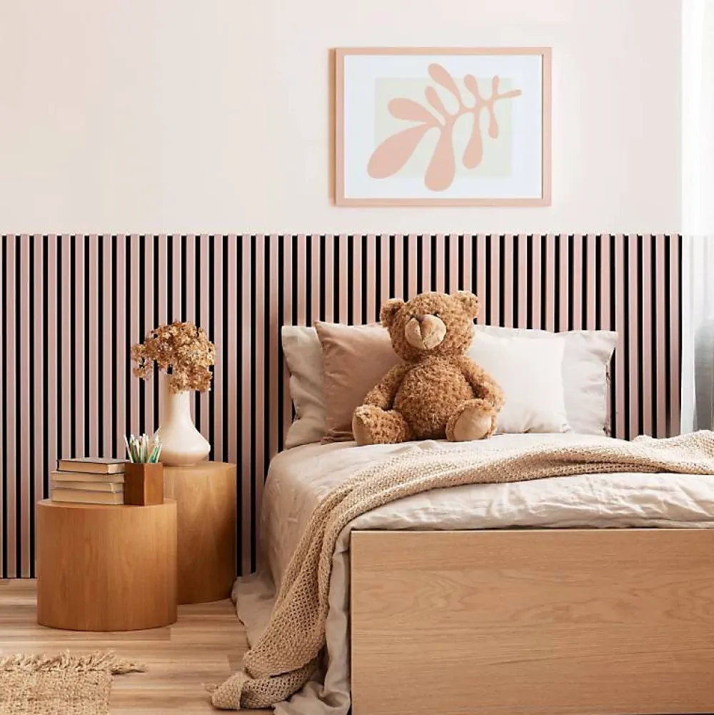 Decoon Panneau Tasseau Bois<Lot de 7 Panneaux muraux tasseaux bois 120 x 30 x 1,9 cm - Pack tête de lit - Lamelles rose pastel / feutrine noir - 2,52m²