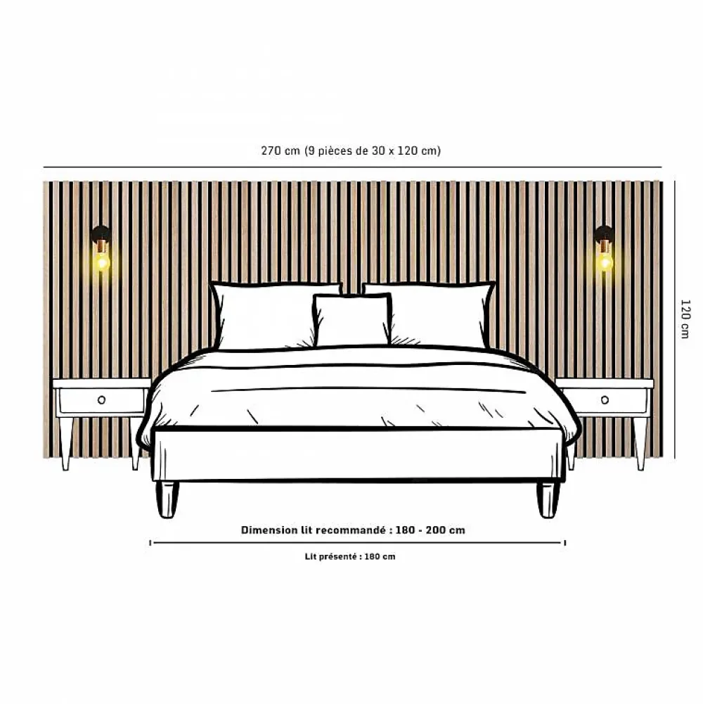 Decoon Panneau Tasseau Bois<Lot de 9 Panneaux muraux tasseaux bois 120x30x1 cm - Pack tête de lit 200 - Lamelles chêne clair véritable fond noir 3,24 m²