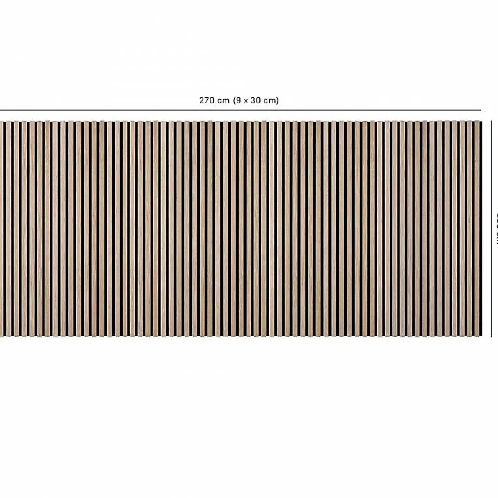 Decoon Panneau Tasseau Bois<Lot de 9 Panneaux muraux tasseaux bois 120x30x1 cm - Pack tête de lit 200 - Lamelles chêne clair véritable fond noir 3,24 m²