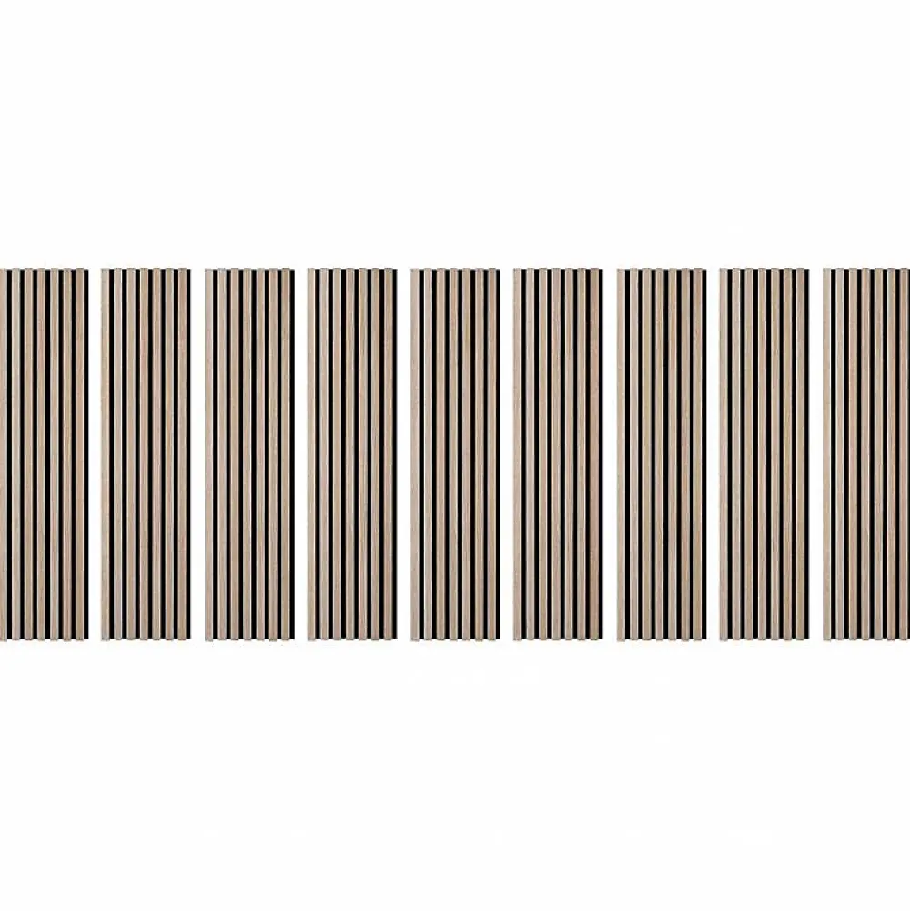 Decoon Panneau Tasseau Bois<Lot de 9 Panneaux muraux tasseaux bois 120x30x1 cm - Pack tête de lit 200 - Lamelles chêne clair véritable fond noir 3,24 m²