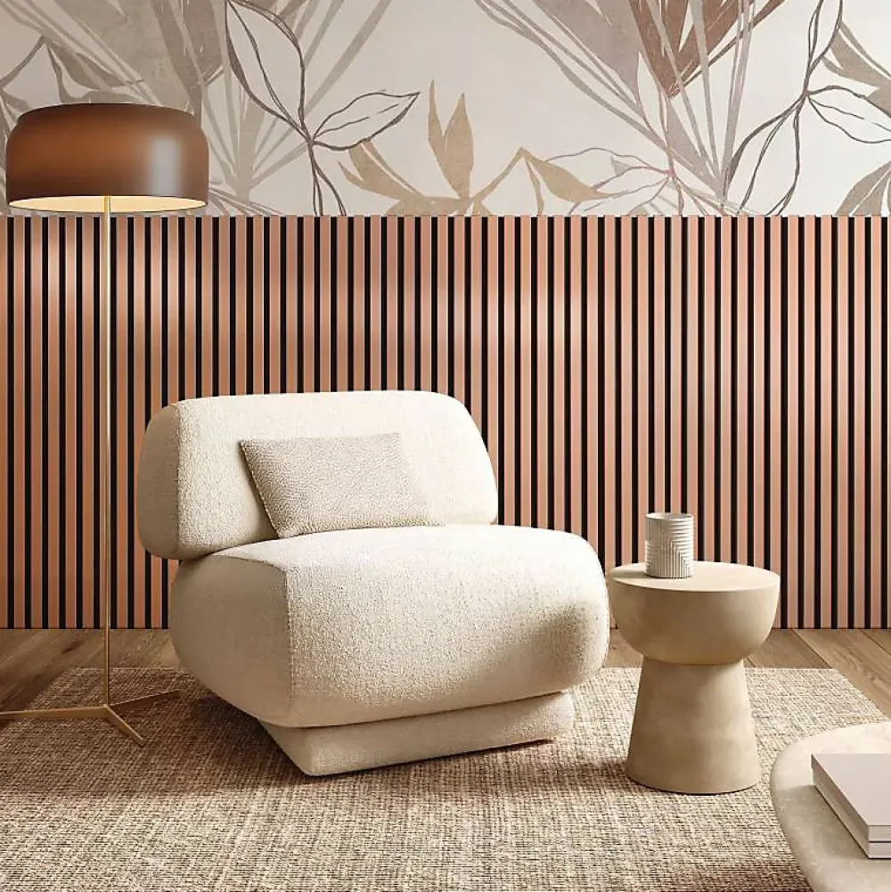 Decoon Panneau Tasseau Bois<Lot de 7 Panneaux muraux tasseaux bois 120 x 30 x 1,9 cm - Pack tête de lit - Lamelles rose gold / feutrine noir - 2,52m²