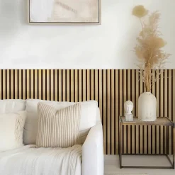 Decoon Panneau Tasseau Bois<Lot de 7 Panneaux muraux tasseaux bois 120 x 30 x 1,9 cm - Pack tête de lit - Lamelles gold / feutrine noir - 2,52m²