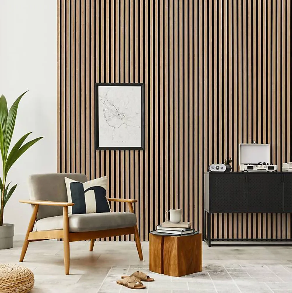 Decoon Lot de 2 Panneaux tasseaux bois 250 x 30 x 1,9 cm - décor chêne clair fond noir - 1,5m²- Panneau Tasseau Bois