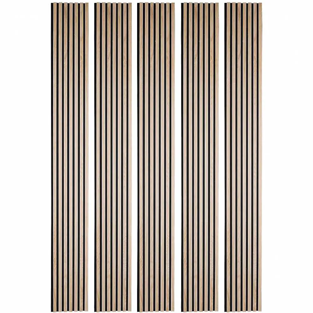 Decoon Panneau Tasseau Bois<Lot de 5 panneaux tasseaux bois 250x30x1 cm - Pack Mur TV bois 150cm - Lamelles chêne clair véritable fond noir - 3,75m²