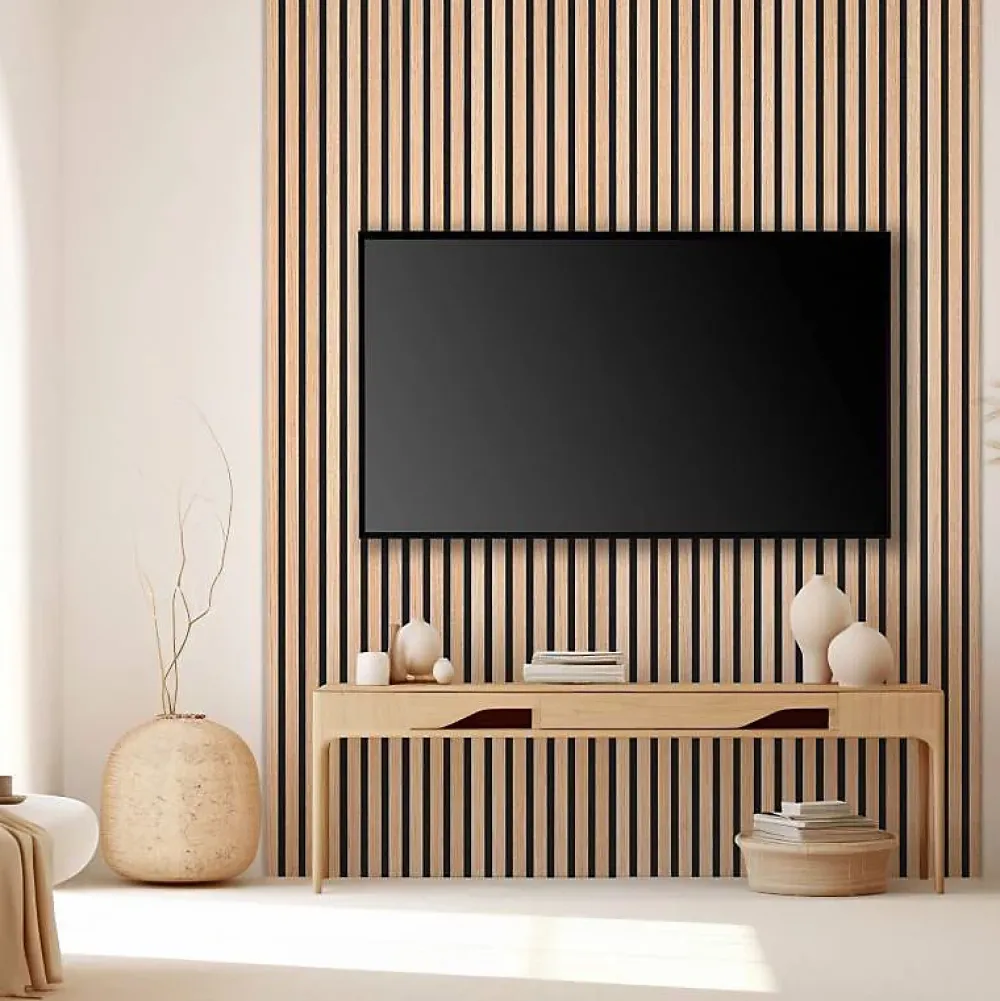 Decoon Panneau Tasseau Bois<Lot de 5 panneaux tasseaux bois 250x30x1 cm - Pack Mur TV bois 150cm - Lamelles chêne clair véritable fond noir - 3,75m²