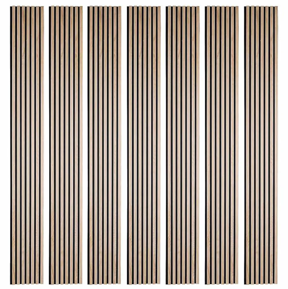 Decoon Lot de 7 panneaux tasseaux bois - 250x30x1 cm - Pack Mur TV bois 210cm - Lamelles chêne clair véritable fond noir - 5,25m²- Panneau Tasseau Bois