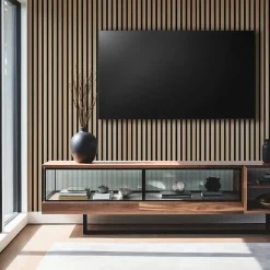 Decoon Lot de 7 panneaux tasseaux bois - 250x30x1 cm - Pack Mur TV bois 210cm - Lamelles chêne clair véritable fond noir - 5,25m²- Panneau Tasseau Bois
