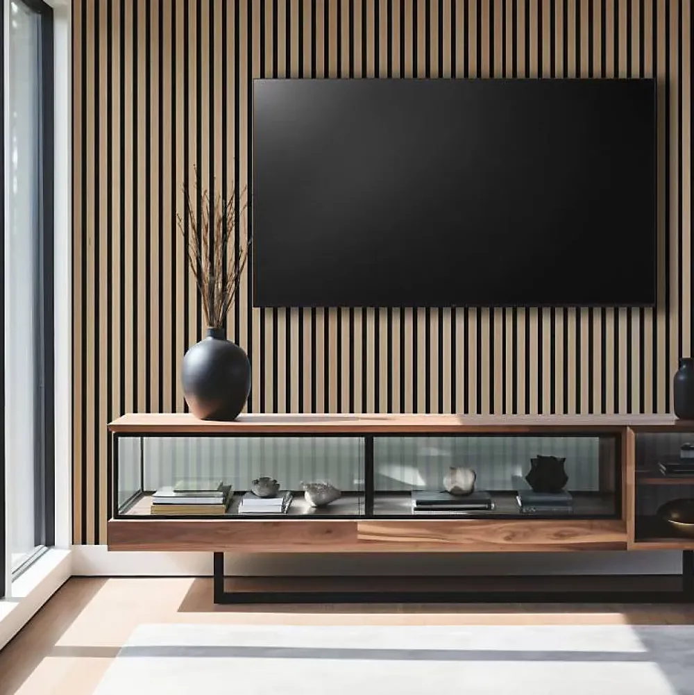 Decoon Lot de 7 panneaux tasseaux bois - 250x30x1 cm - Pack Mur TV bois 210cm - Lamelles chêne clair véritable fond noir - 5,25m²- Panneau Tasseau Bois