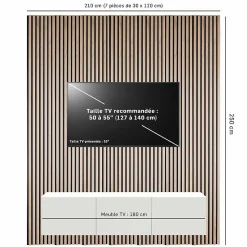 Decoon Lot de 7 panneaux tasseaux bois - 250x30x1 cm - Pack Mur TV bois 210cm - Lamelles chêne clair véritable fond noir - 5,25m²- Panneau Tasseau Bois
