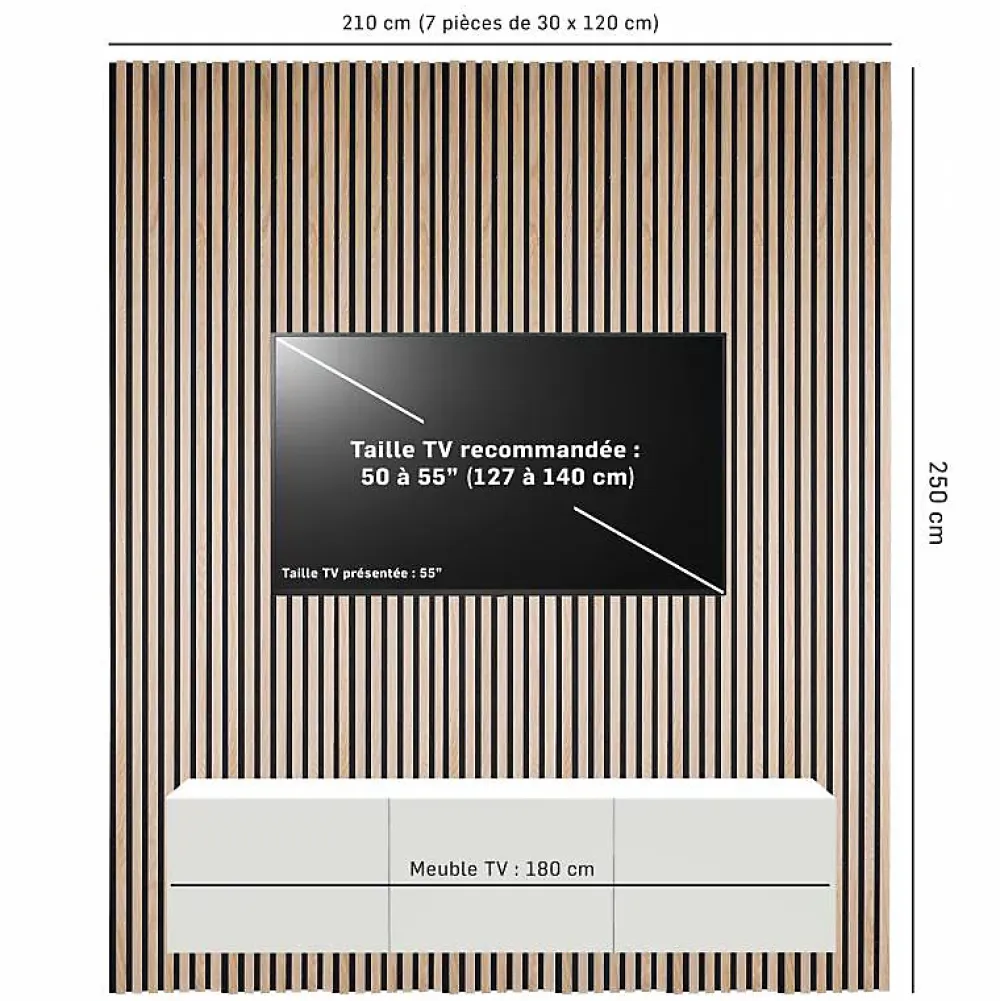 Decoon Lot de 7 panneaux tasseaux bois - 250x30x1 cm - Pack Mur TV bois 210cm - Lamelles chêne clair véritable fond noir - 5,25m²- Panneau Tasseau Bois