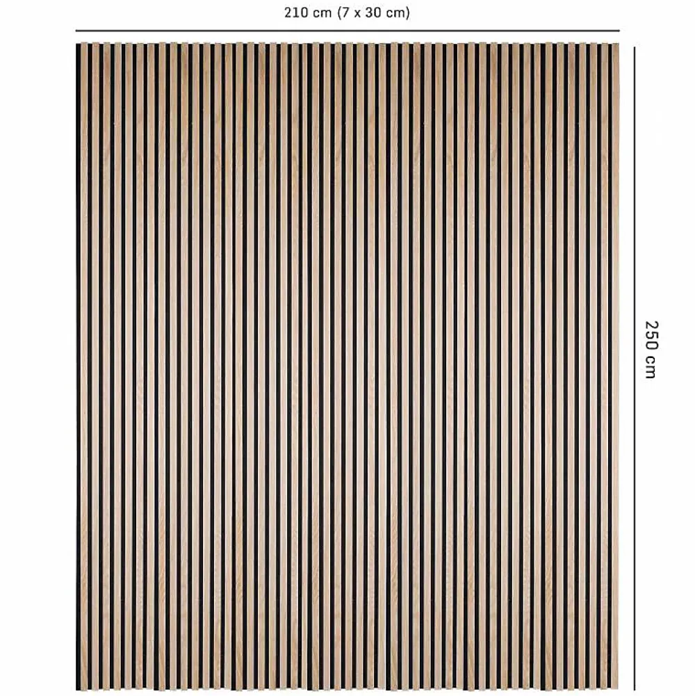 Decoon Lot de 7 panneaux tasseaux bois - 250x30x1 cm - Pack Mur TV bois 210cm - Lamelles chêne clair véritable fond noir - 5,25m²- Panneau Tasseau Bois