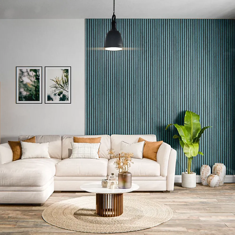 Mon Marché Déco Panneau Tasseau Bois<Lot de 2 Panneaux Tasseaux Bois - Bleu Oxyde Feutre Noir - 2,88 m², 2500 x 600 mm,