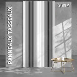 Mon Marché Déco Panneau Tasseau Bois<Lot de 2 Panneaux Tasseaux Bois - Blanc Feutre Noir - 2,88 m², 2500 x 600 mm,