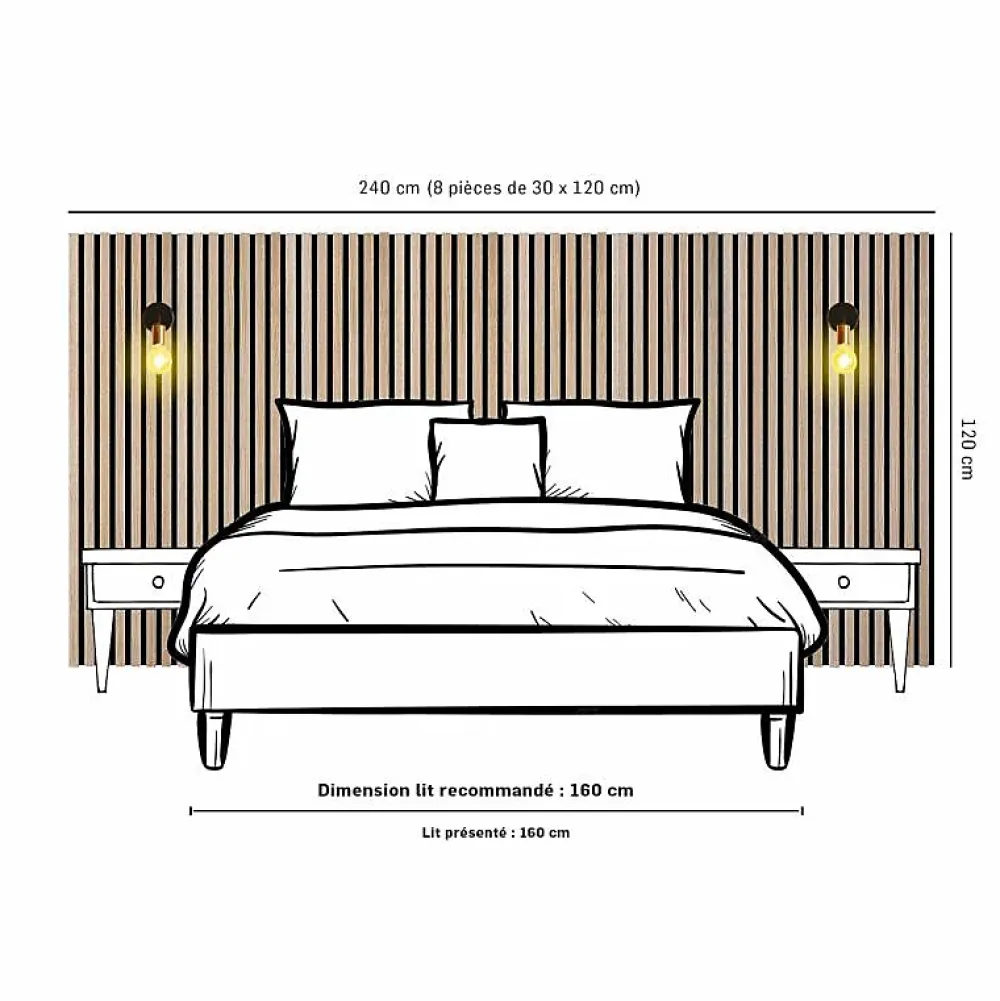 Decoon Panneau Tasseau Bois<Lot de 8 Panneaux tasseaux bois 120x30x1 cm - Pack tête de lit 180 - Lamelles chêne clair véritable fond noir 2,88 m²