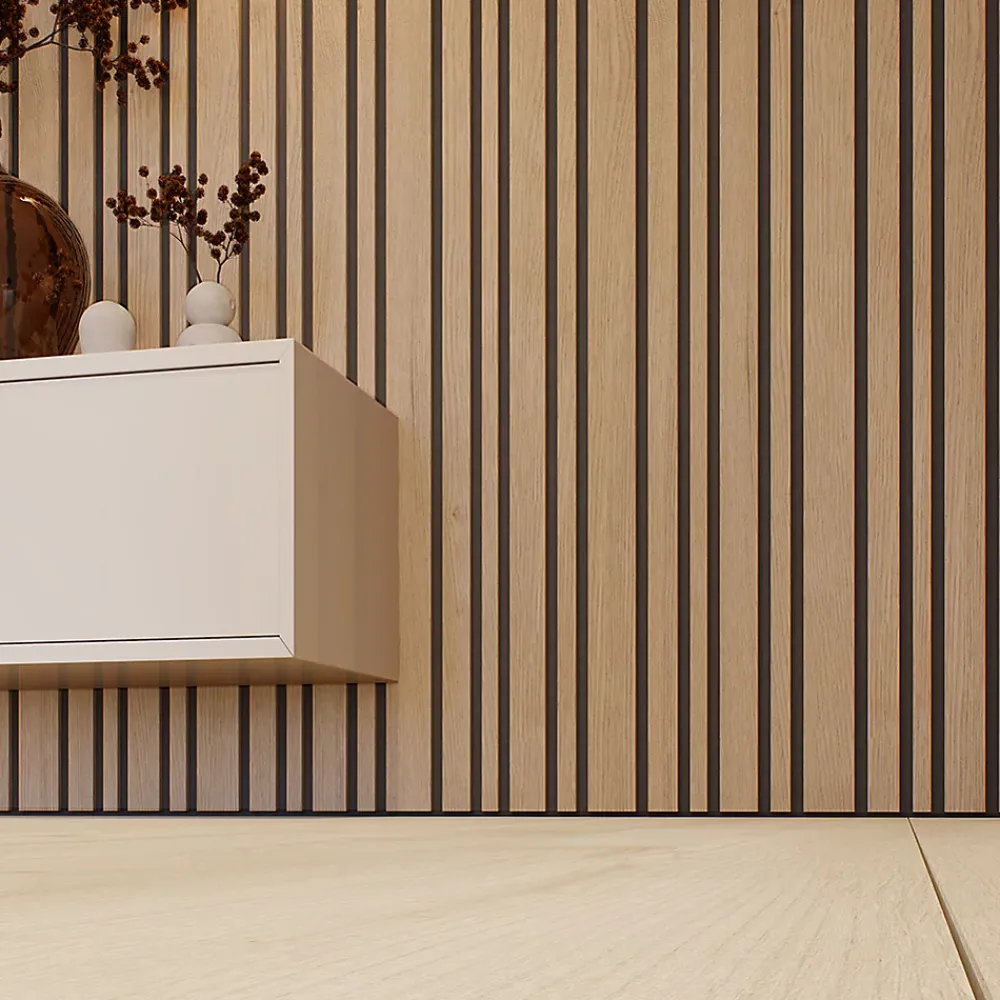 Forestea Panneau Tasseau Bois<Lot de 2 Panneaux tasseaux acoustic asymétrique lamelles MDF chêne naturel sur fond noir 2600 x 300 x 17 mm -