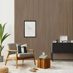 Decoon Lot de 4 Panneaux tasseaux bois 250 x 30 x 1,9 cm - décor chêne clair fond noir - 3m²- Panneau Tasseau Bois