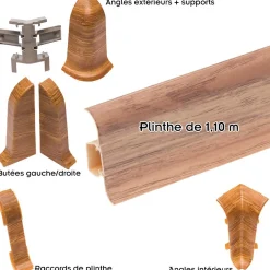 Monmobilierdesign Lot de 20 Plinthes goulotte passe-câble PVC 59 mm - 1,10 m avec angles, raccords et butées Vieux noyer- Plinthe Pour Sol En Vinyle Et Pvc