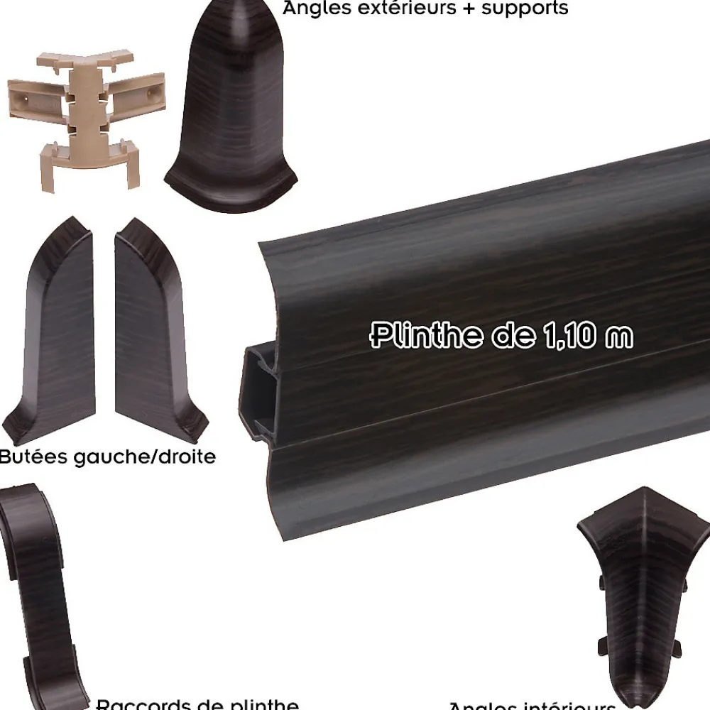 Monmobilierdesign Plinthe Pour Sol En Vinyle Et Pvc<Lot de 10 Plinthes goulotte passe-câble PVC 59 mm - 1,10 m avec angles, raccords et butées Wenge noir