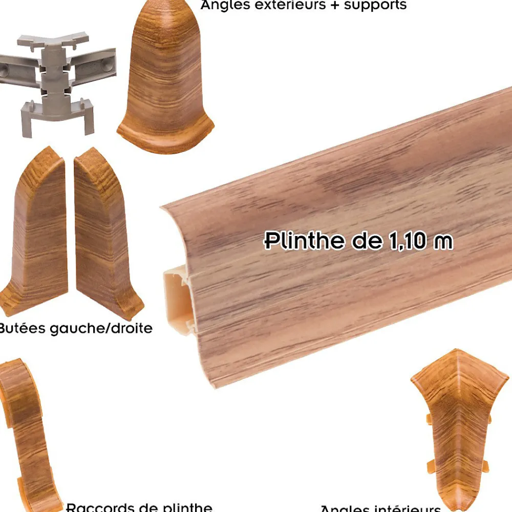 Monmobilierdesign Lot de 10 Plinthes goulotte passe-câble PVC 59 mm - 1,10 m avec angles, raccords et butées Vieux noyer- Plinthe Pour Sol En Vinyle Et Pvc