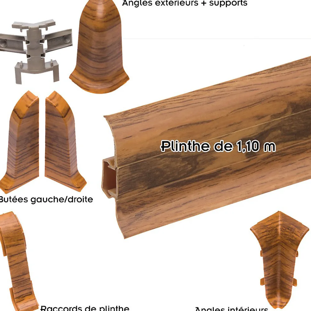 Monmobilierdesign Lot de 10 Plinthes goulotte passe-câble PVC 59 mm - 1,10 m avec angles, raccords et butées Chêne- Plinthe Pour Sol En Vinyle Et Pvc
