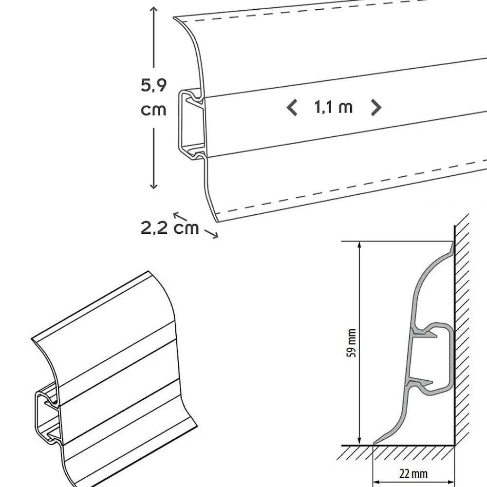 Monmobilierdesign Lot de 10 Plinthes goulotte passe-câble PVC 59 mm - 1,10 m avec angles, raccords et butées Chêne- Plinthe Pour Sol En Vinyle Et Pvc