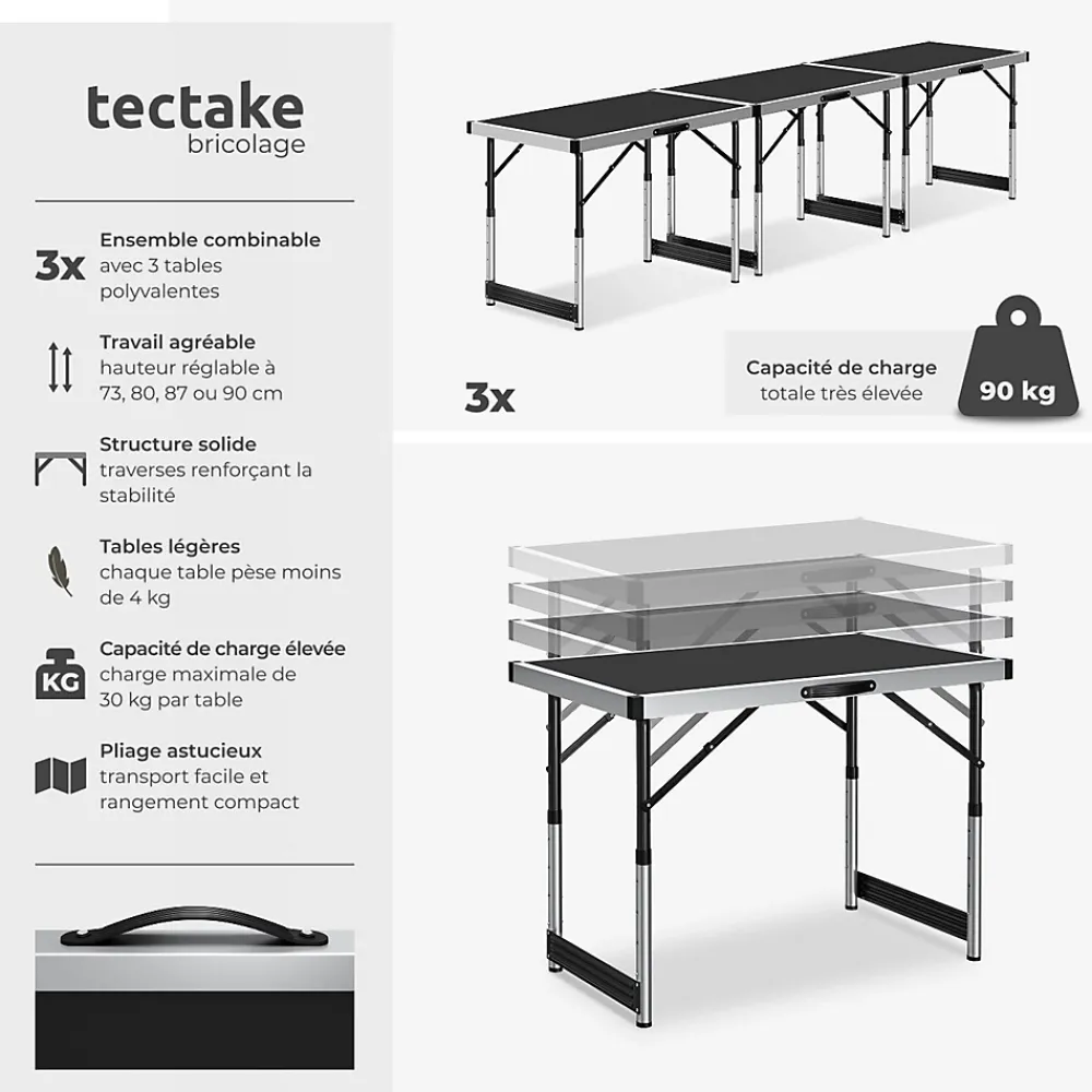 Tectake Outils Du Tapissier<Lot de 3 tables à tapisser pliable Hauteur réglable en 4 niveaux noir