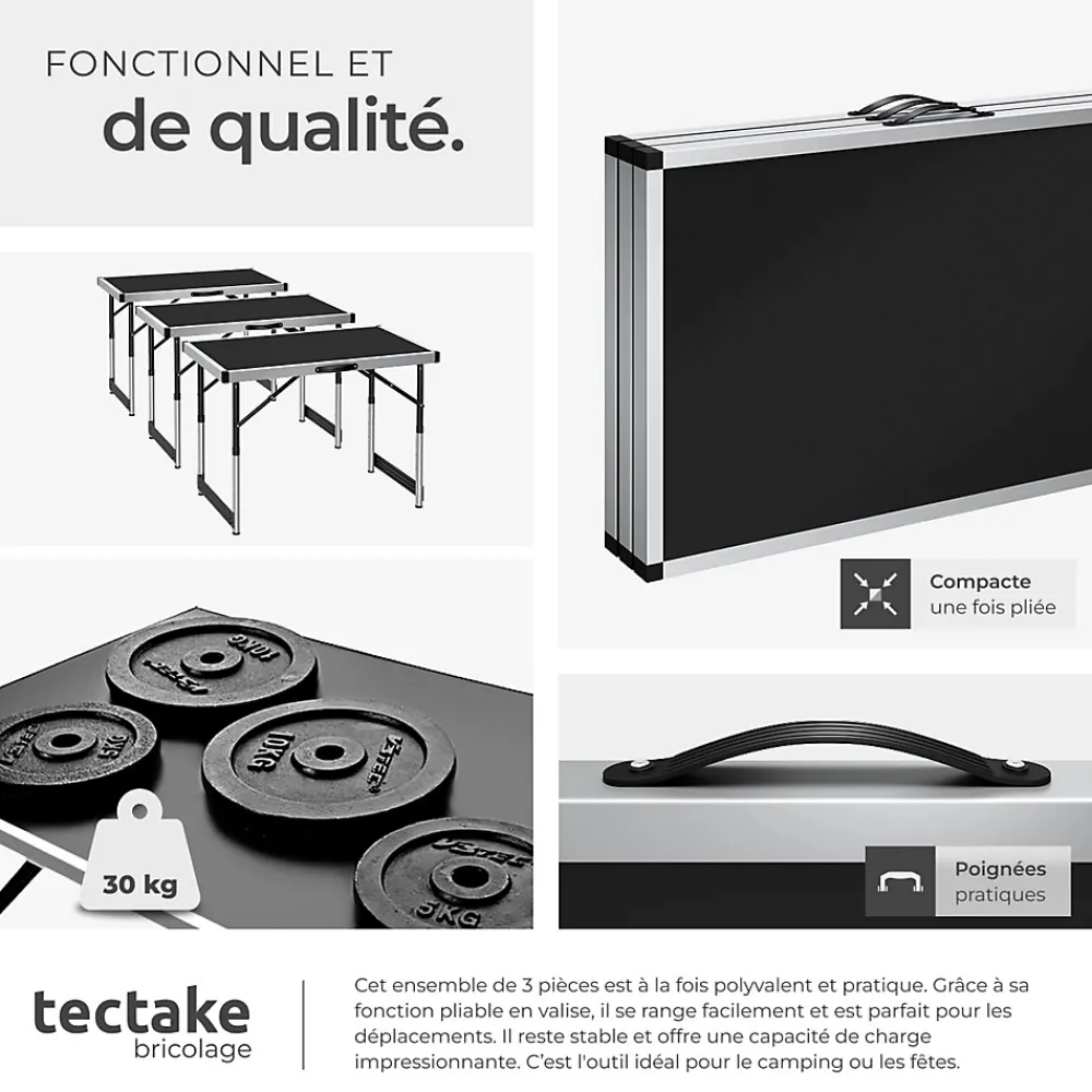 Tectake Outils Du Tapissier<Lot de 3 tables à tapisser pliable Hauteur réglable en 4 niveaux noir